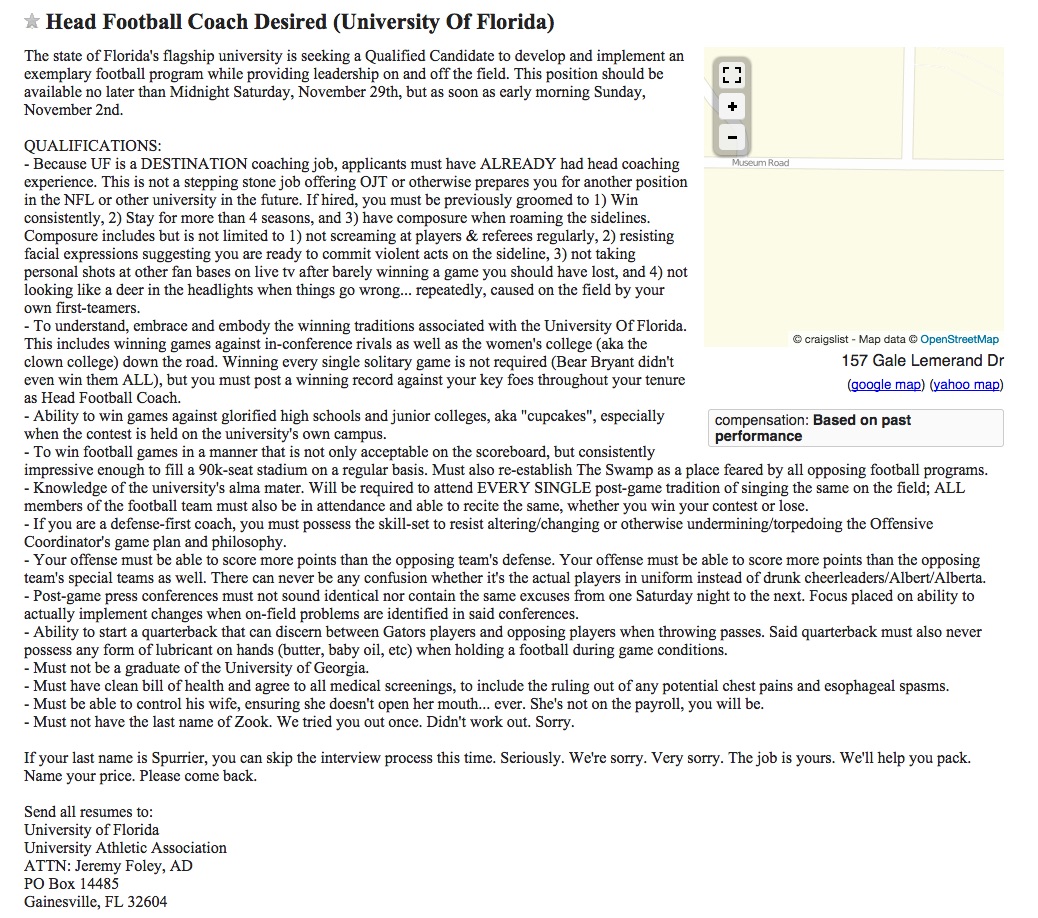 Florida's Head Coaching Job Is Available On Craigslist
